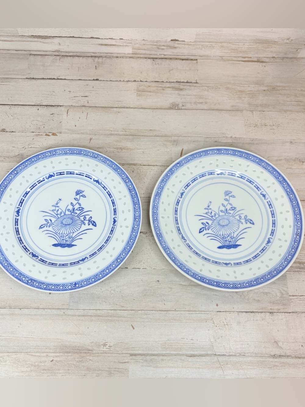 Tienshan Rice Flower Rice Eye Chinese Blue & White Grain Round Plates 9” Set 2